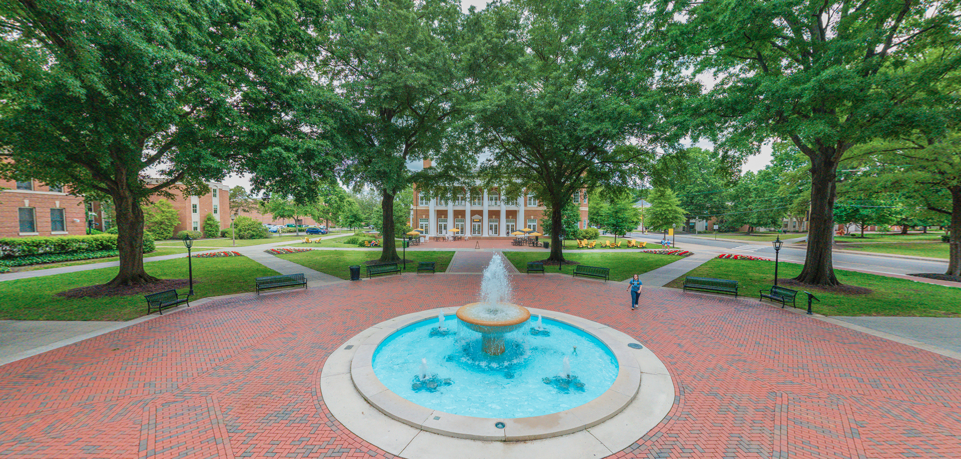 Randolph-Macon College campus aerial view showing the fountain